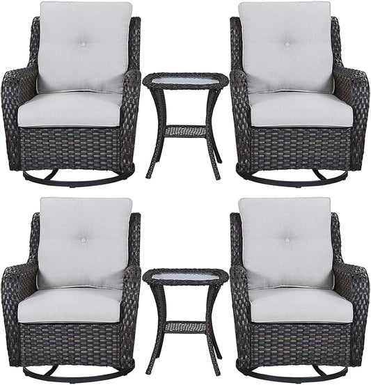 Rilyson Wicker Rocking Chair Swivel Chairs – 6 Piece Rocker Patio Furniture Set Rattan Rocking Bistro Sets with Glass Top Side Table for Outdoor Porch Deck Garden Backyard(Brown/Beige)