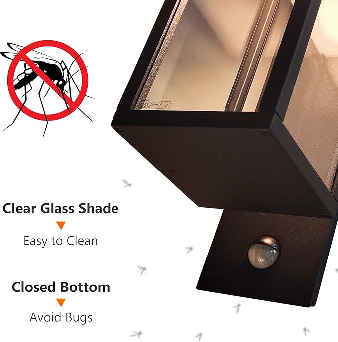 Outdoor Light Wall Sconce Motion Sensor Porch Light for House,15" LED Modern Exterior Lighting Fixture Black,Waterproof Outside Lantern with Clear Glass for Garage Patio Garden,750LM,3000K