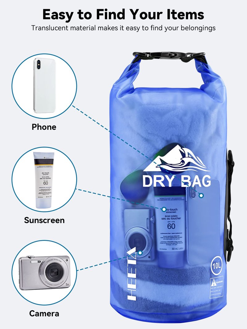 HEETA Dry Bag Waterproof for Women Men, Roll Top Lightweight Dry Storage Bag Backpack with Phone Case for Travel Swimming Boating Kayaking Paddle Board Camping Beach Accessories (Bluish Violet, 10L)