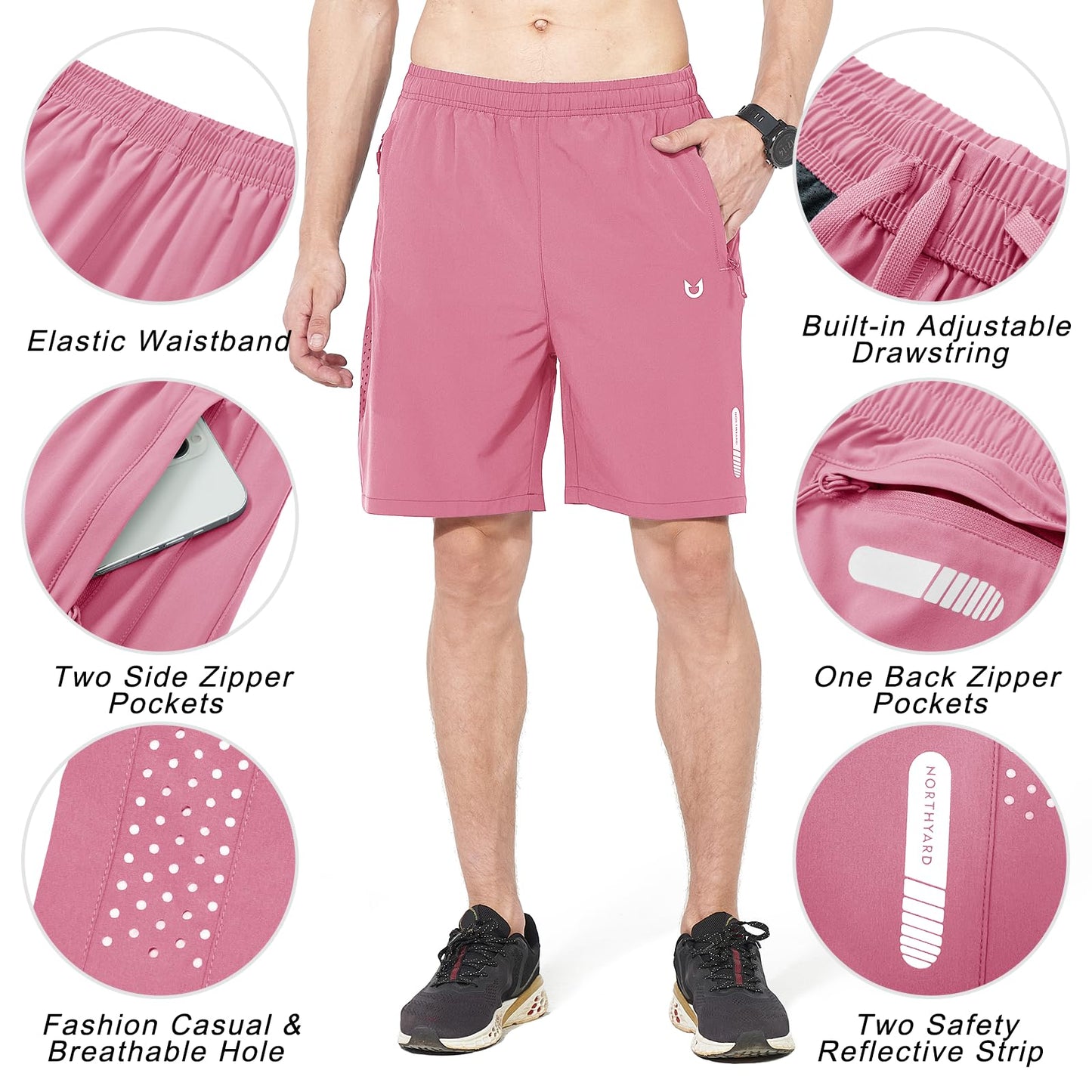 NORTHYARD Men's Athletic Running Shorts Gym Workout 7"/9"/5" Quick Dry Lightweight Sports Basketball Tennis 3 Zipper Pockets POWDERPINK L