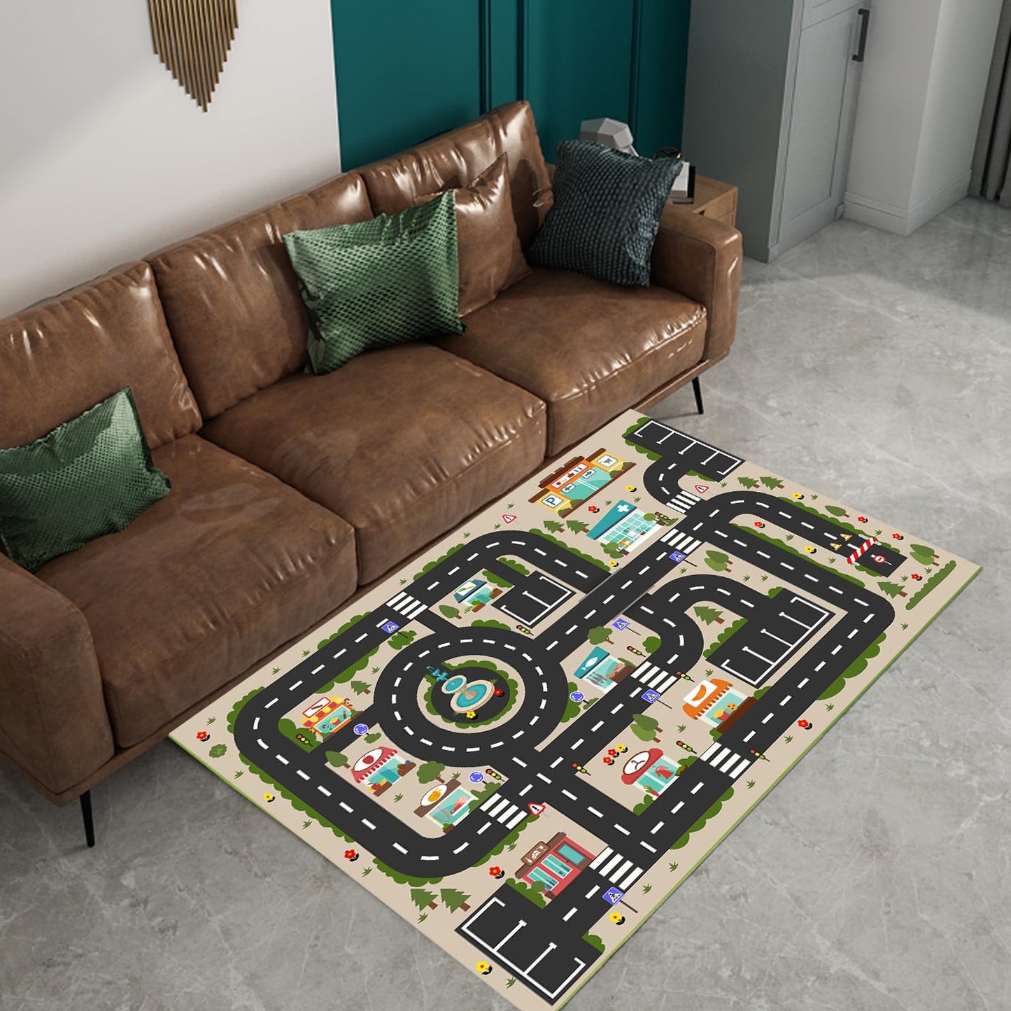 Analog ABC Kids Rug Playroom Car Play Mat City Life Road Rug for Cars Fun City Map for Carpet for Bedroom Boys (31 * 47 inches, Evening City)