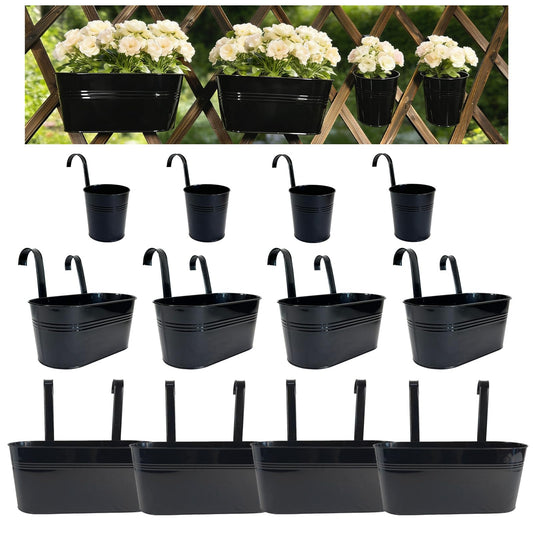 Joyfernal Set of 12 Balcony Hanging Planters, 4 Pcs 17" Metal Railing Flower Pots & 4 Pcs 12" Deck Planter & 4 Pcs 4" Fence Pot for Outdoor Patio Garden Décor, Black