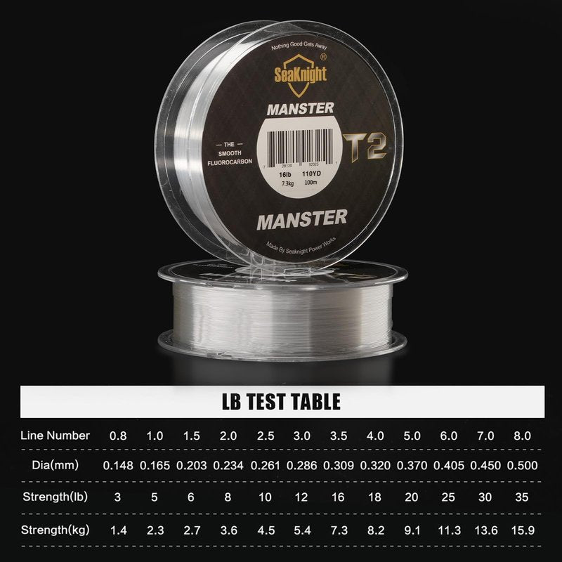 SeaKnight T2 100% Fluorocarbon Fishing Line, 110YD Japanese Material Leader Line, Low Visibility High Strength Abrasion Resistant for Saltwater Freshwater Fishing (3-35LB)