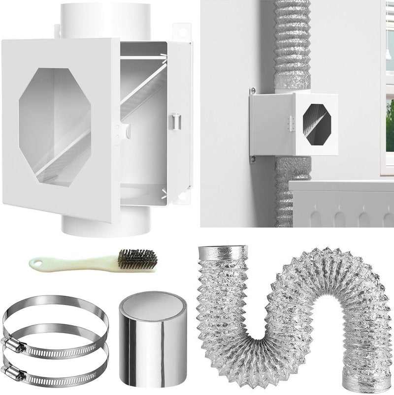 Upgraded Metal Dryer Duct Lint Trap Indoor Dryer Vent Kit - 4 Inch Dryer Vent Hose With 2 Hose Clamps 2 Stainless Steel Mesh Aluminum Foil Tape Cleaning Brush For Electric Dryers