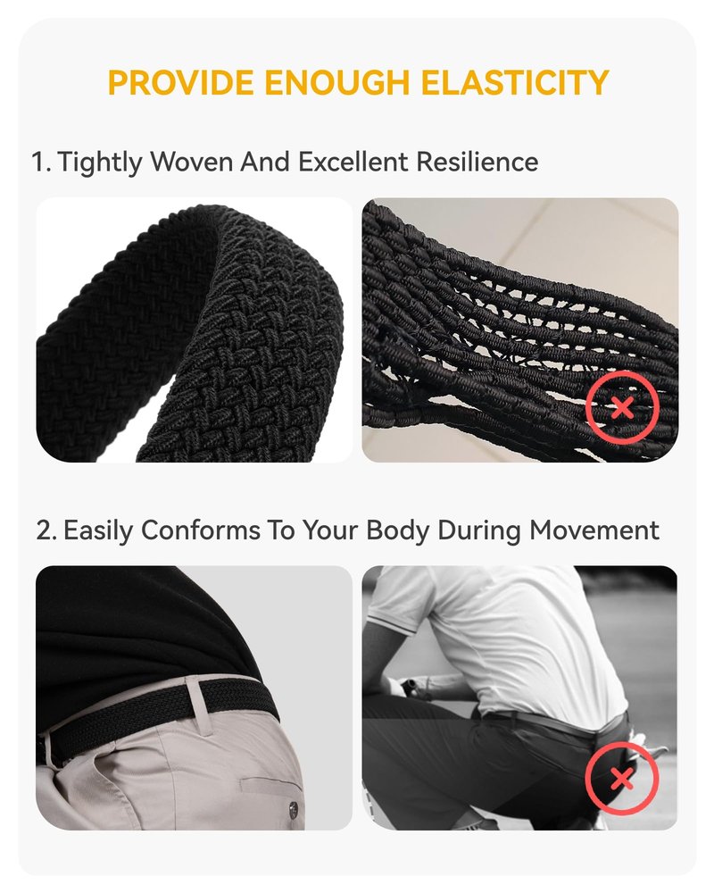 CHAOREN Stretch Belt Men 2 Pack - 1 3/8" Braided Golf Belts For Men - Casual Elastic For Pants and Jeans
