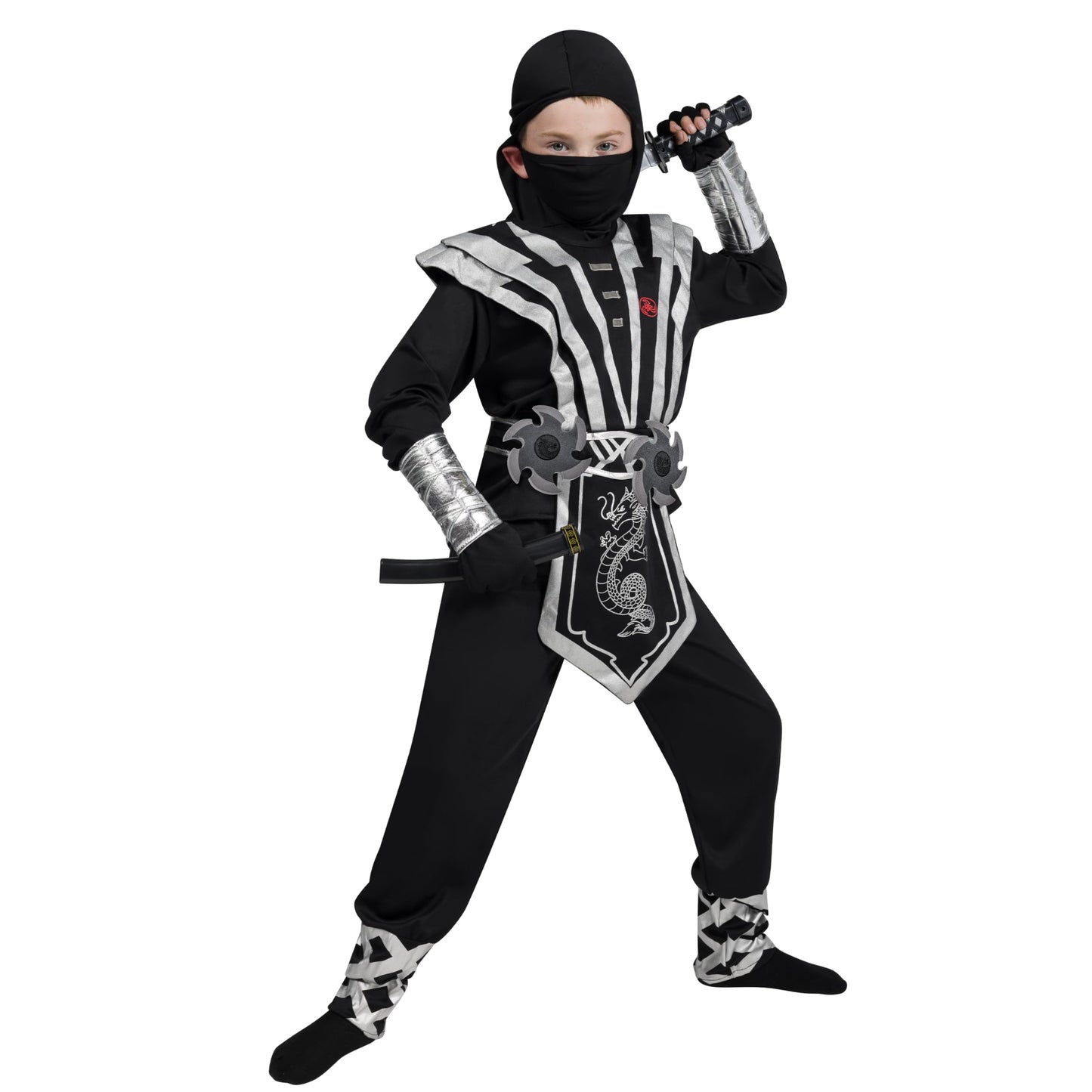 Spooktacular Creations Halloween Ninja Costume for Kids, Silver Boys Ninja Costume, Toddler Accessories Outfit Set for Dress Up and Cosplay Party, S