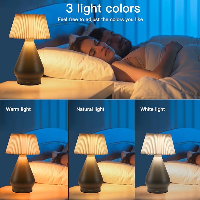 Modern Cordless Table Lamp Rechargeable, Portable LED Desk Lamp,Touch Control 3 Colors Stepless Dimming with Pleated Lampshade for Restaurant, Bedroom, Office,Outdoor Camping, Night Light (Gray)