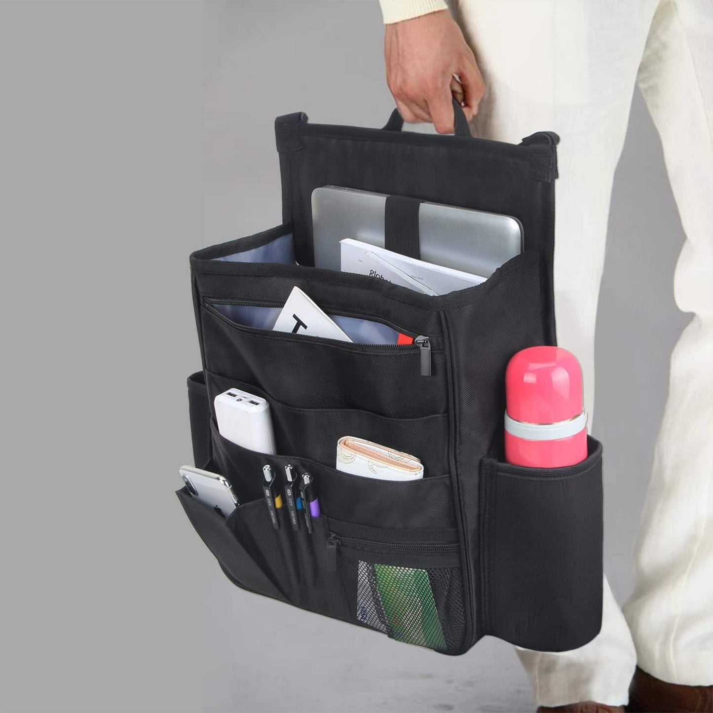 Luxja Car Seat Storage Organiser, Car Seat Organiser Front, Car Seat Back Storage Bag with Laptop & Tablet Storage, Black