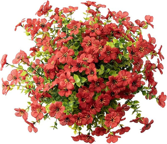 Outdoor Artificial Flowers, 8 Bundles Fake Flowers Autumn Decoration, No Fade Faux Plastic Shrubs for Garden Patio Porch Window Box Fall Decor (Red)