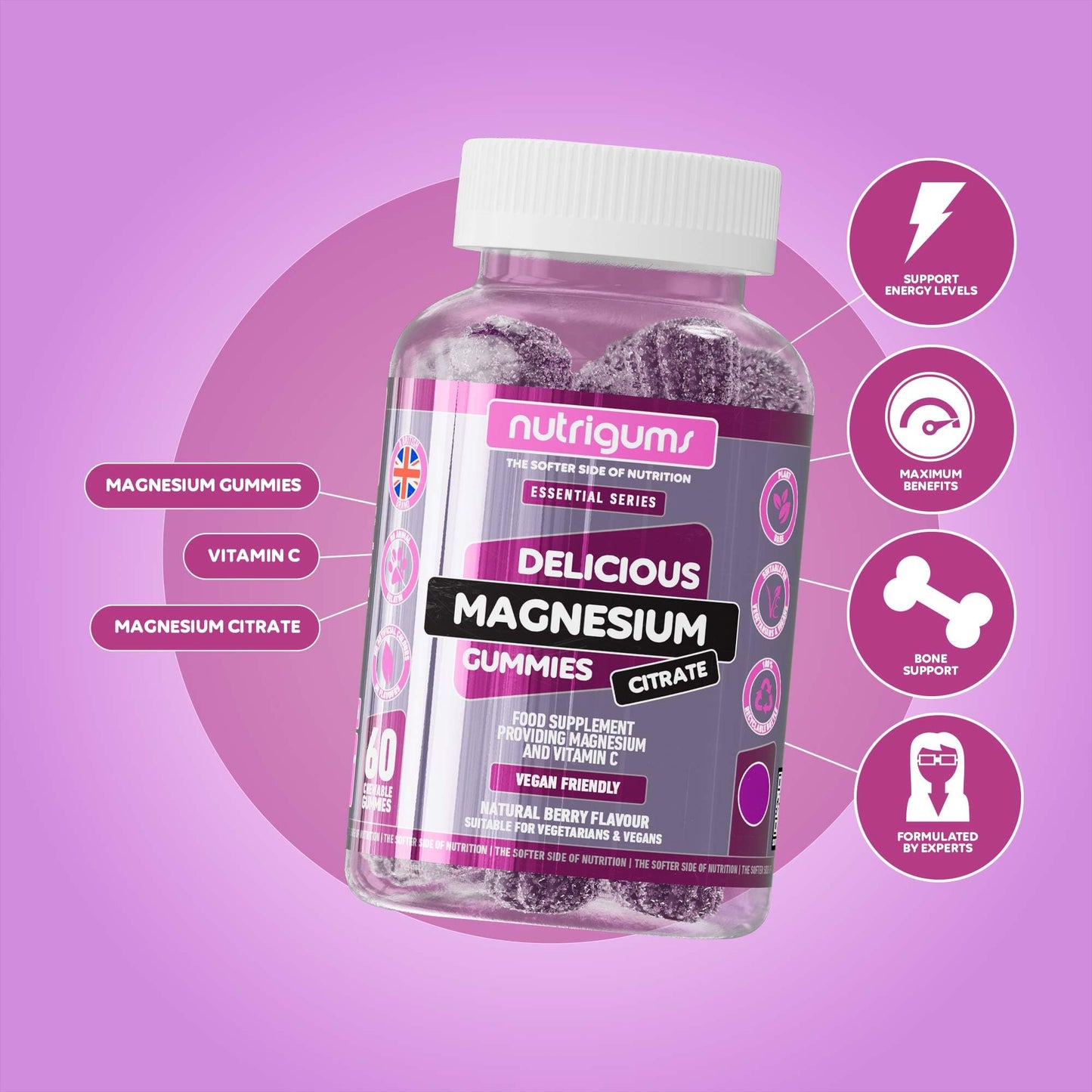 Magnesium Citrate 1250mg & Vitamin C Gummy | High Strength | 150mg of Elemental Magnesium & 80mg Vitamin C | Mixed Berry Flavour | 60 Vegan Gummies | Sleep, Energy & Bone Support by NUTRIGUMS®