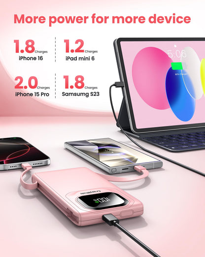 Portable Charger with Built-in Cables,22.5W Super Fast Charging Power Bank Slim Phone Charger,10000mAh Travel Battery Pack Battery Bank with Smart LED Display for iPhone, Android & USB-C Devices
