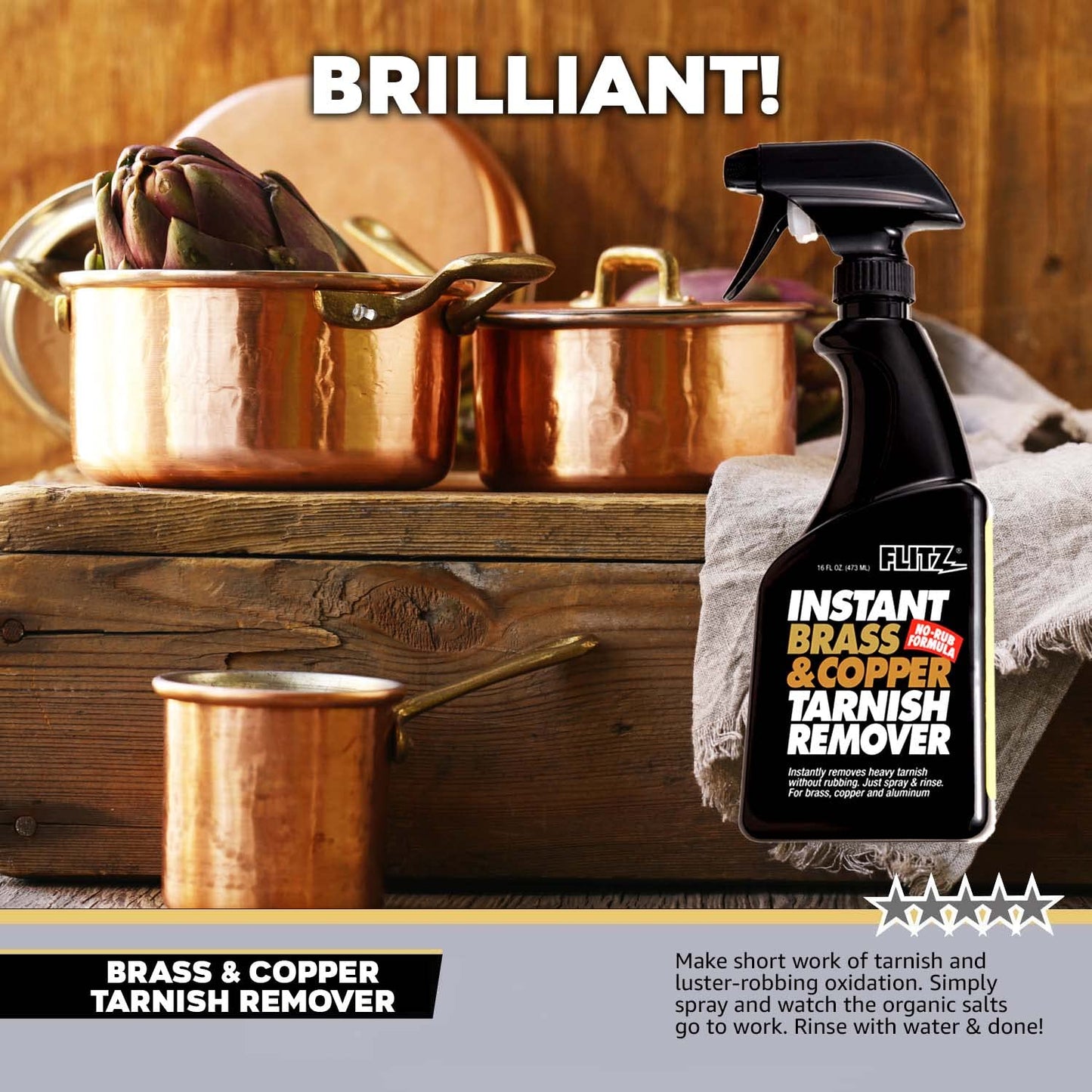Flitz Instant Brass Cleaner & Copper Cleaner Spray – 16 oz, Heavy-Duty Tarnish Remover for Rust, Oxidation, Water Stains & Corrosion – Fast-Acting, No Scrubbing Formula