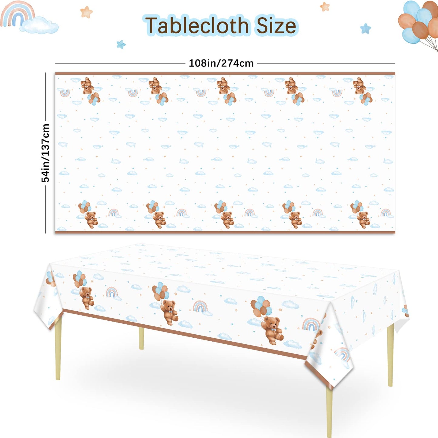 Caisehabu 3 Pieces Teddy Bear Baby Shower Tablecloths Plastic Table Cover, Boho Brown Blue Birthday Party Decorations Supplies for Boys Kids Large Size 108×54 Inch Rectangular