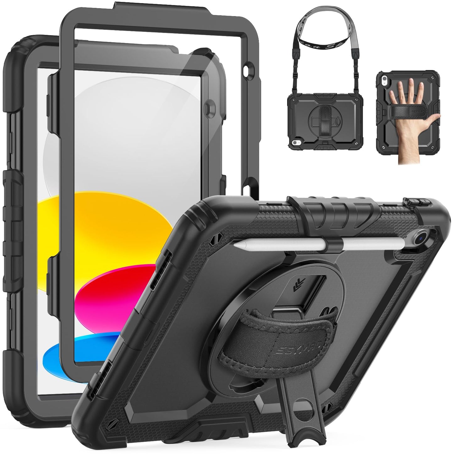 SEYMAC Case for iPad 11th/10th Generation 2025/2022 A16 11inch/10.9inch, Heavy Duty Shockproof with Screen Protector, 360° Rotating Stand/Hand Strap/Pencil Holder for iPad 11 Cover, Black