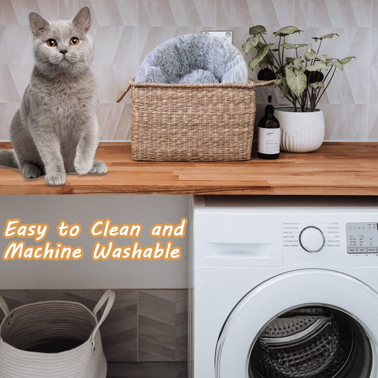 Cat Beds for Indoor Cats, 27 Inch Round Donut Washable Cat Bed, Fluffy Calming Self Warming Soft Donut Cuddler Cushion Pet Bed for Dogs and Kittens,Non-Slip (27 Inch, Light Grey)