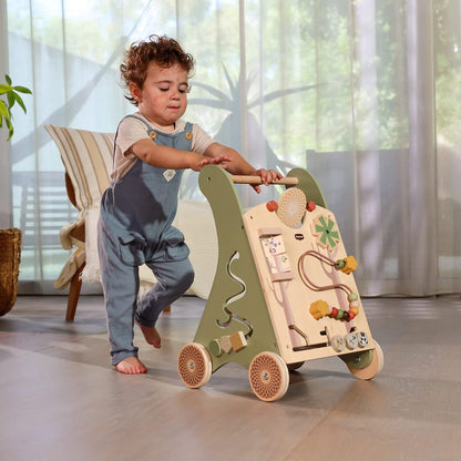 Tiny Love Wooden Baby Walker, Activity Walk Behind, 2-in-1 Activity Walker, 12 Interactive Activities, Supports Motor Skills, Cognitive Development, Comfortable Natural Design, 18+ Months, Boho Chic