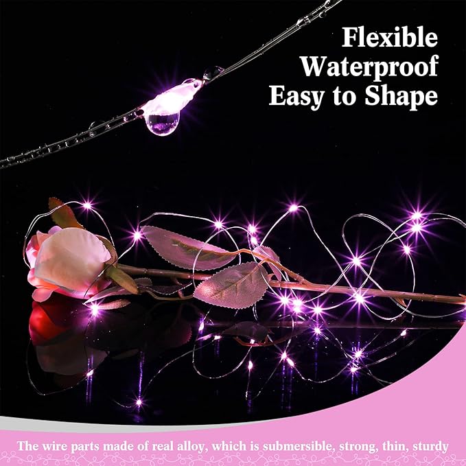 Hortsun 100 Packs Fairy Lights Battery Operated 3 Speed Modes, 7 Ft/ 2 M 20 LED Battery String Mini Waterproof Wire Twinkle Lights Bulk for Wedding Party Birthday Vases (Pink Light)