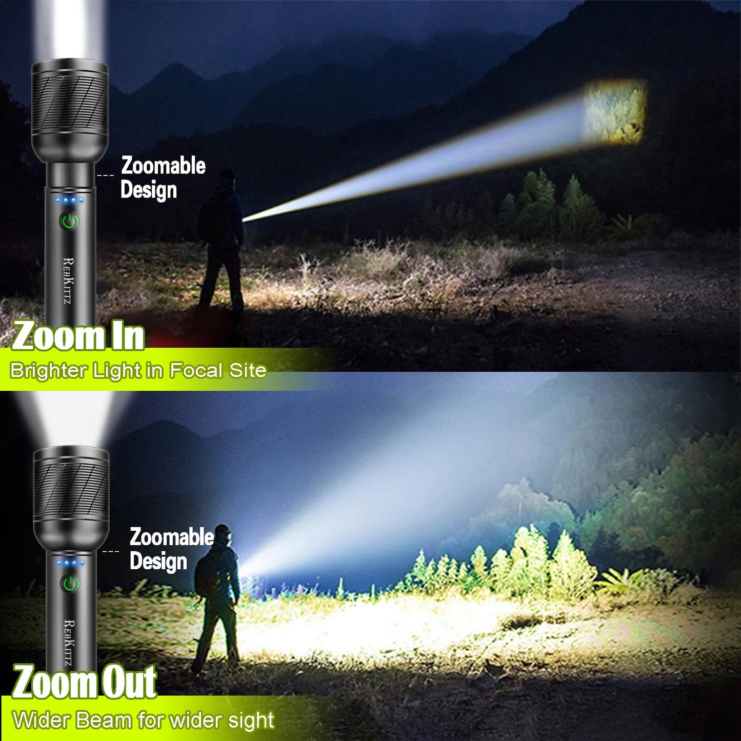 REHKITTZ Torch, LED Rechargeable Torches(Built-in Large Capacity Battery) High Lumen Super Bright Flashlight with Power Display,Long Working Time,Aluminum Alloy,5 Light Modes,Zoomable Torch（2 Pack）