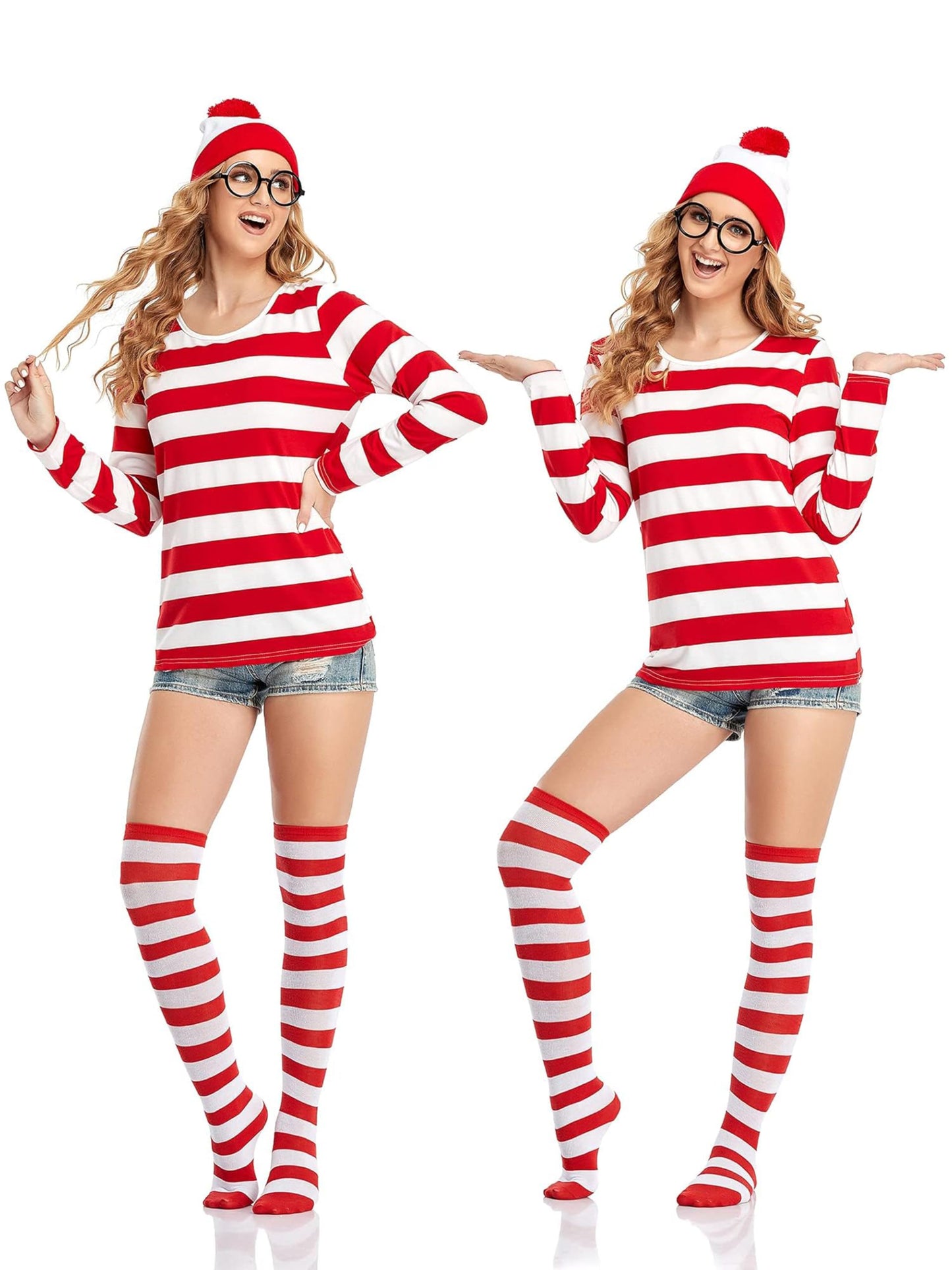 URATOT Halloween Women Costume Sets Red and White Striped T-shirt Knit Beanies Striped Socks Nerd Glasses