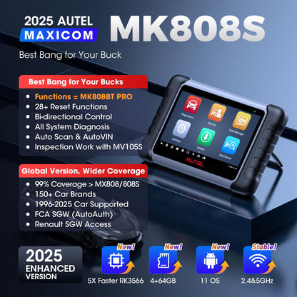 Autel Scanner MaxiCOM MK808S: 2025 Bidirectional Tool as MK808BT Pro MX808S M808Z, Function as MaxiCheck MX900, 28+ Service, Active Test, All System Diagnose, Injector Coding, FCA Autoauth Android 11