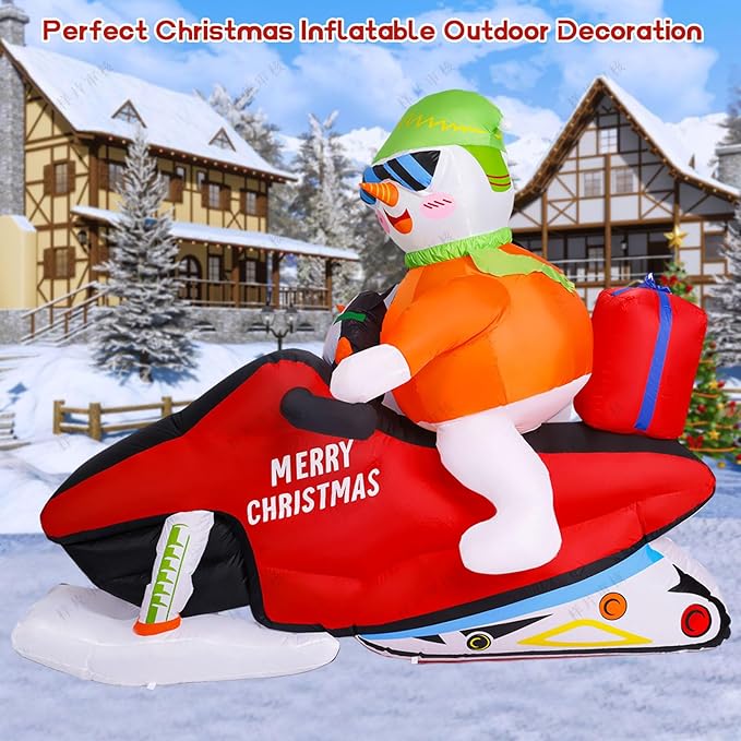 7FT Christmas Inflatable Snowman Motorcycle Decoration, Multi-color, LED Light, Weather Resistant