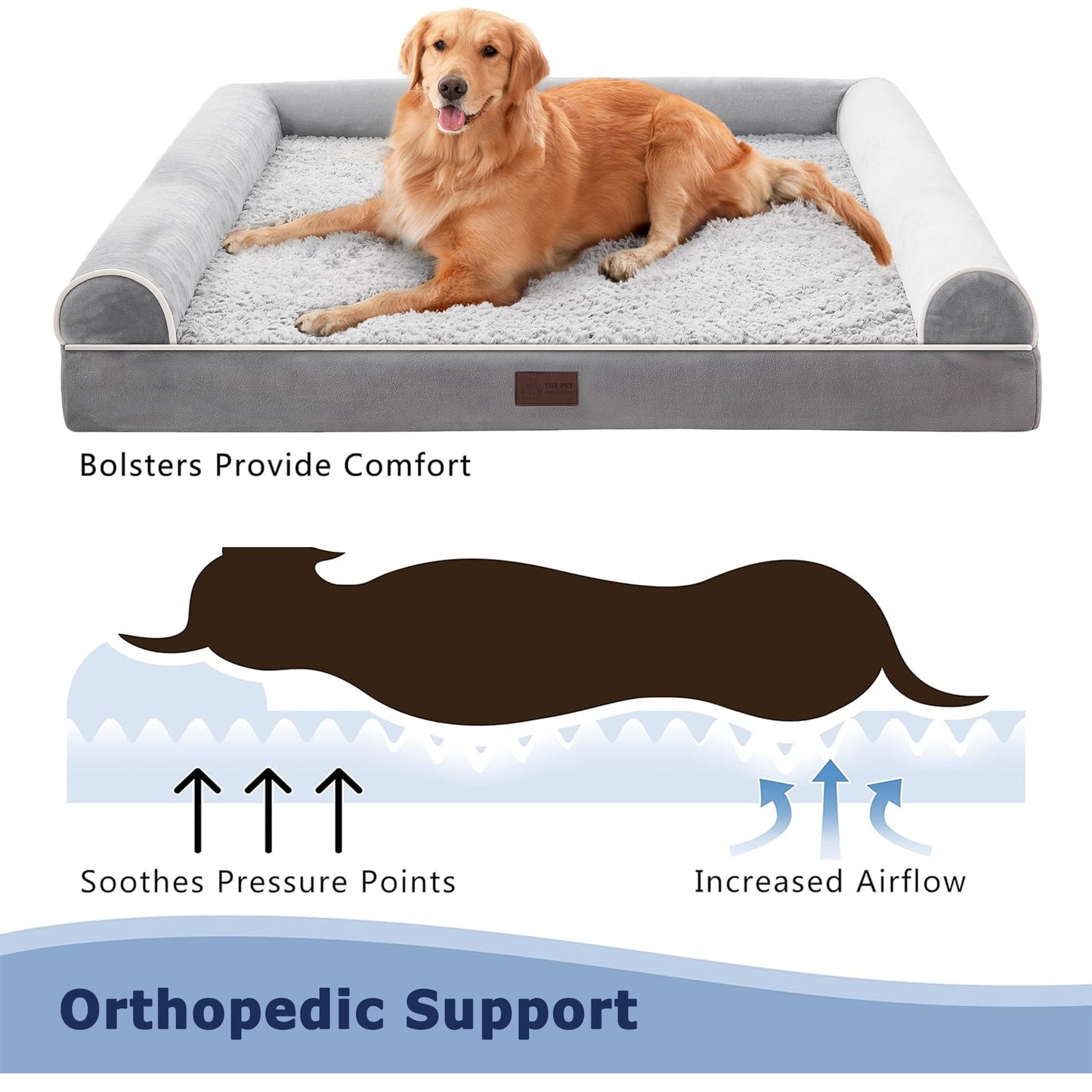 WESTERN HOME Dog Bed Large Dog Beds Orthopedic Dogs Beds Extra Large Pet Sofa Bed Couch for Dods Cats Washable Waterproof Cover, Egg Foam Grey, 106x76x19 cm