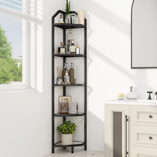 5 Tier Corner Wall Shelf Stand, 66" Metal Corner Shelves Bookshelf Display Shelf for Living Room Decor, Tall Plant Stand Multi Unit Organizer, Standing Shelf for Bedroom,Bathroom,Small Space (Black)