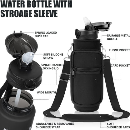Fimibuke 32 oz Water Bottle with Sleeve - BPA Free Leakproof Sport Large 1L Plastic Motivational Water Bottle with Straw & Strap & Insulated Neoprene Holder Carrier Bag for Women Men(A1.Black)