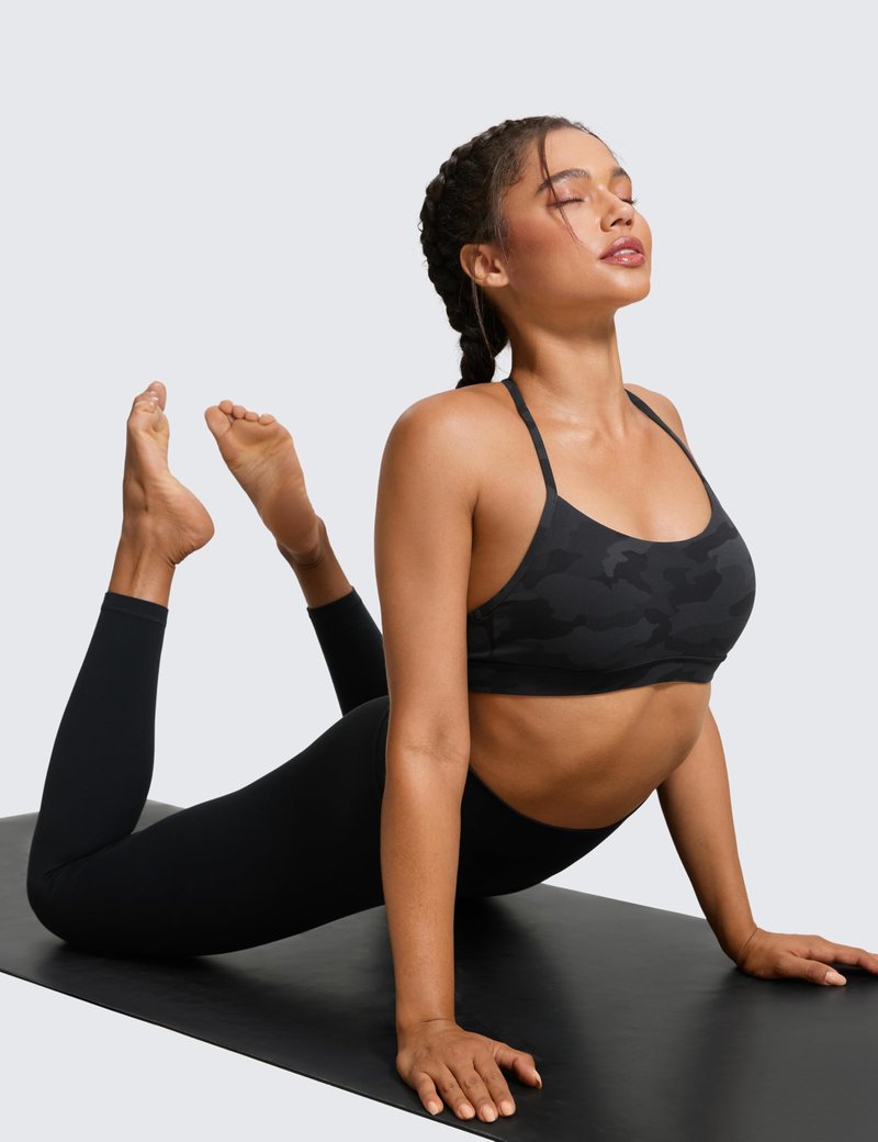 CRZ YOGA Butterluxe Y Back Sports Bras for Women - Padded Racerback Low Impact Spaghetti Thin Strap Workout Yoga Top Dark Grey Camouflage 2 X-Small