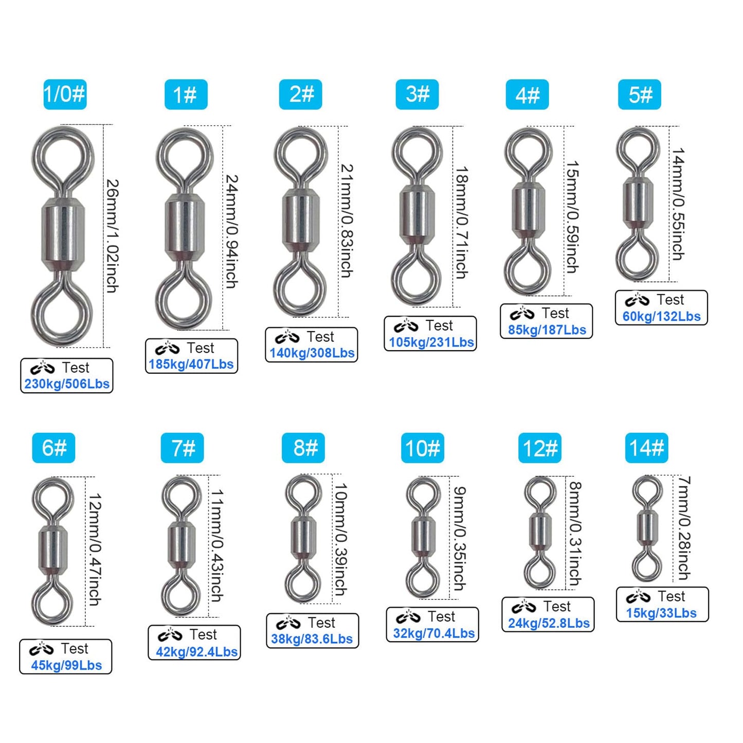 100 Pcs Fishing Swivels Saltwater, 100% 304 Stainless Steel Power Swivel Corrosion Resistance Barrel Swivels High Strength Freshwater Fishing Line Lure Leader Connectors (8# 0.39" / 80LB)