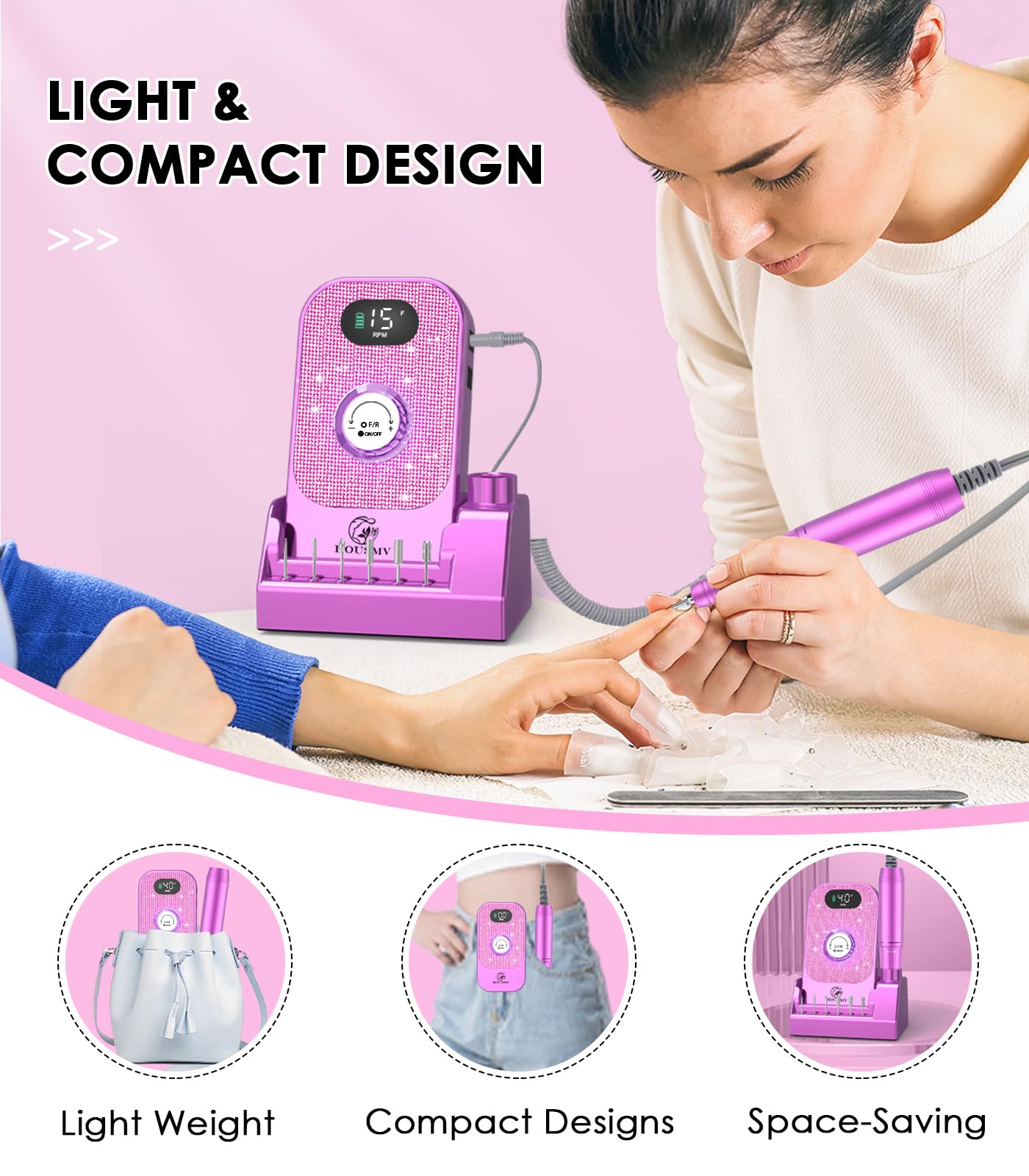 Portable Nail Drill Electric File: 40000RPM Professional Rechargeable Nail E-File Machine, Cordless Nail Drill with Bits & Base for Acrylic Nails Remove Nail Gel Polish Manicure for Salon Home, White