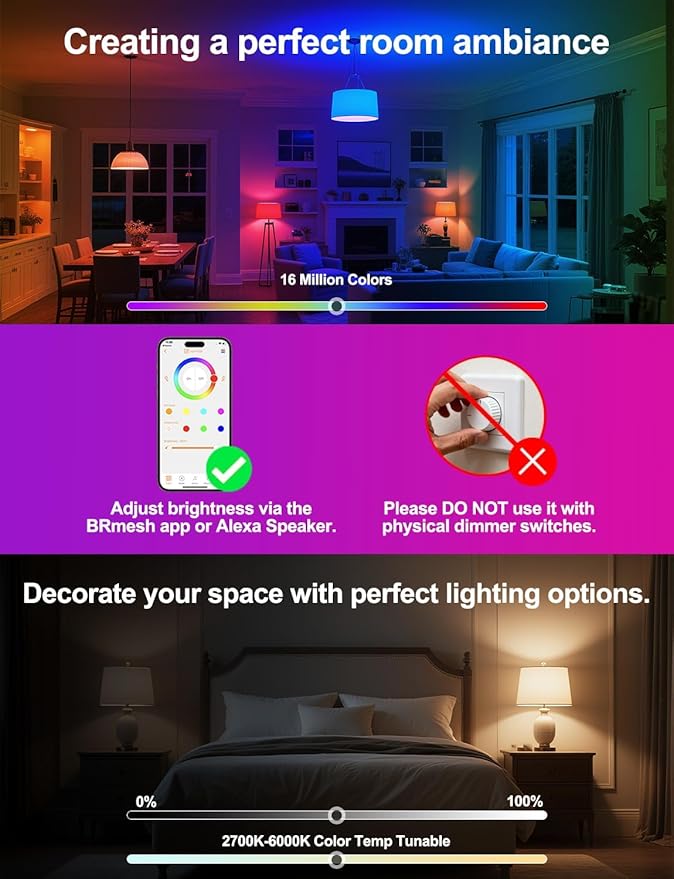 ILC Alexa Light Bulbs 10W (70 Watt Equivalent) Smart Light Bulbs Work with Alexa Hub Required, 900 Lumens, Color Changing, Color Temperature Tunable 2700K-6000K(4 Pack)