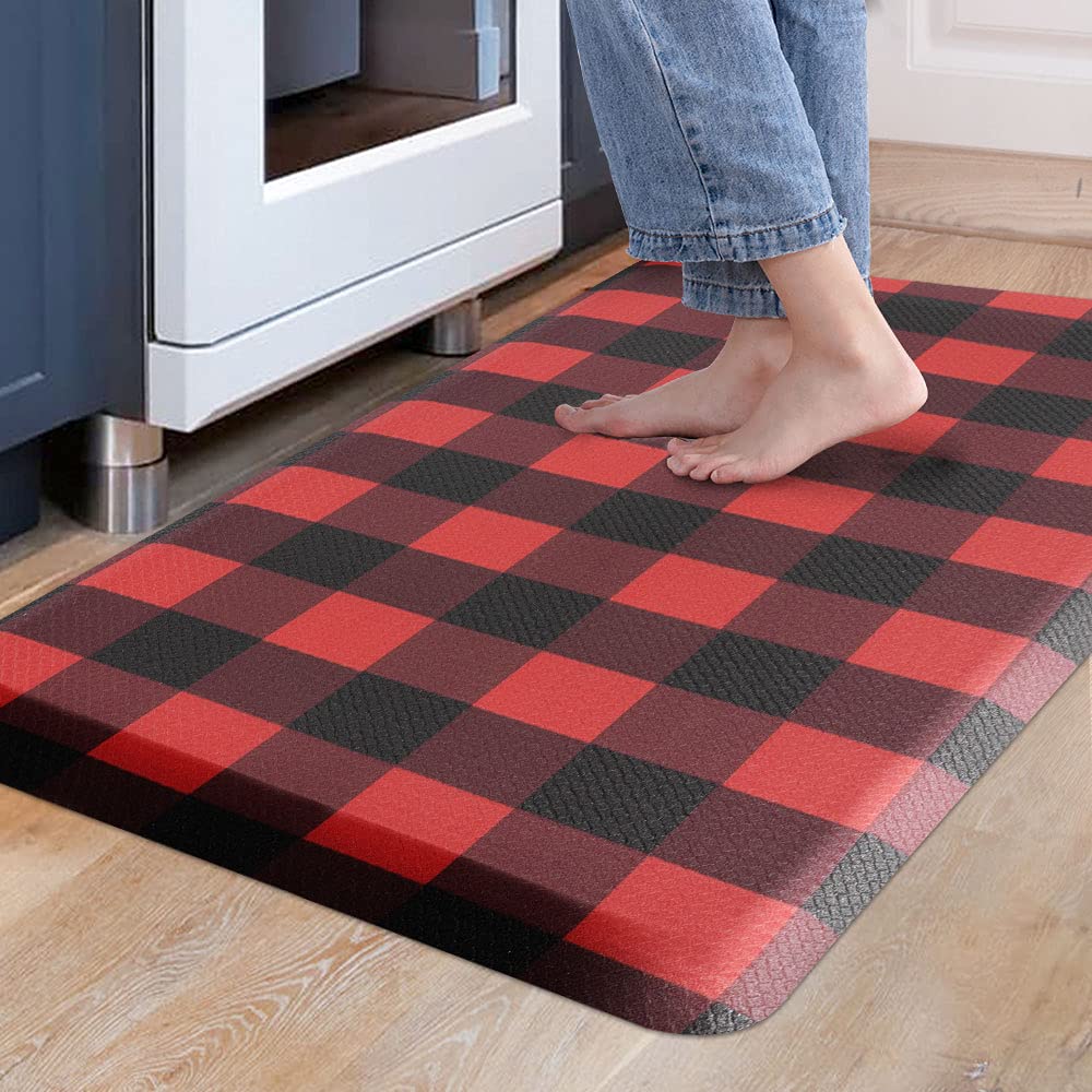 Carvapet 17.3"x28" Kitchen Mat - Red Black Buffalo Plaid Anti Fatigue Cushioned Foam Rug, Waterproof Non Slip Comfort Standing Floor Mat for Laundry