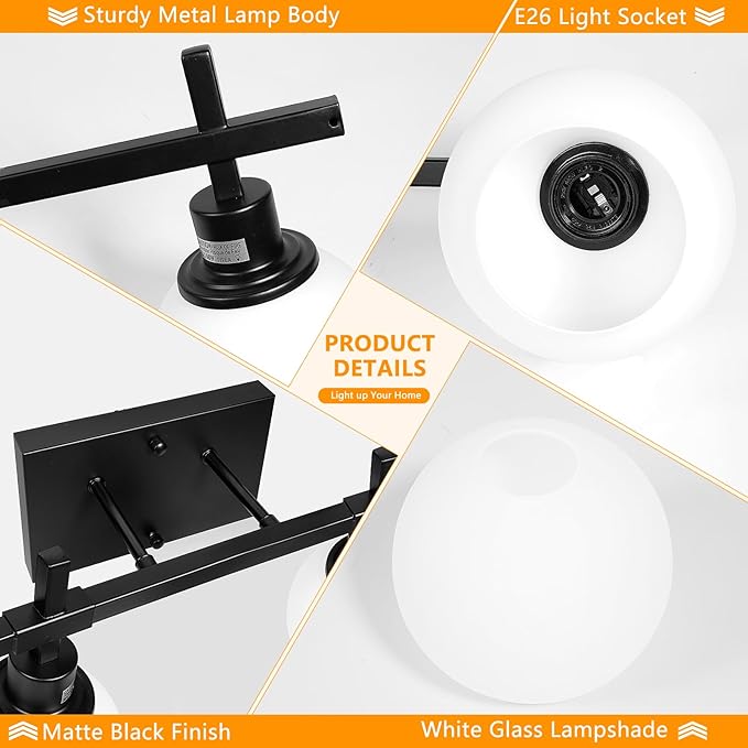 2-Light Black Bathroom Lighting Fixtures Over Mirror,Modern Vanity Lighting Fixtures,Bathroom Wall Mounted Vanity Light with Milky White Glass Lampshade for Living Room，Bedroom，Hallway