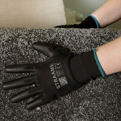 Straame Pack of 12 or 24 Black Safety Work Gloves, Outdoors PU and Nylon Non-Slip Work Handling Gloves, Good Dexterity Firm Grip Protective Working Gloves Size (Pack of 12 Pair's, M)