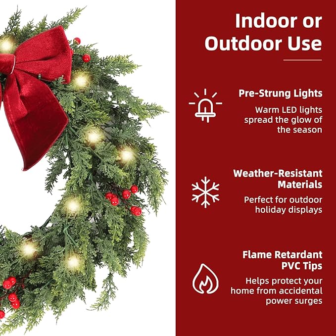30 Inch Christmas Wreaths for Front Door with Lights,Lighted Cedar Door Wreath,Prelit Real Touch Artificial Green Winter Wreath with Large Burgundy Velvet Bow for Indoor Outdoor Decor