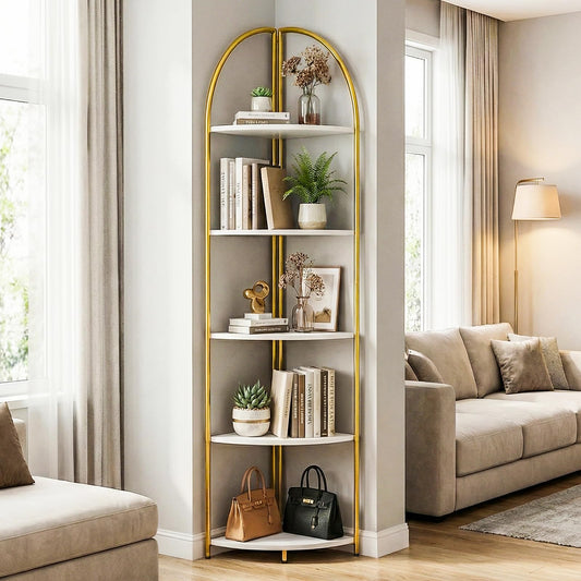 Rifoer 5 Tier Corner Shelf, Luxury Gold Corner Plant Stand with White Wood Shelves,Modern Metal Corner Bookshelf Display Rack,Premium Corner Storage Shelving Unit for Living Room,Bedroom,Bathroom