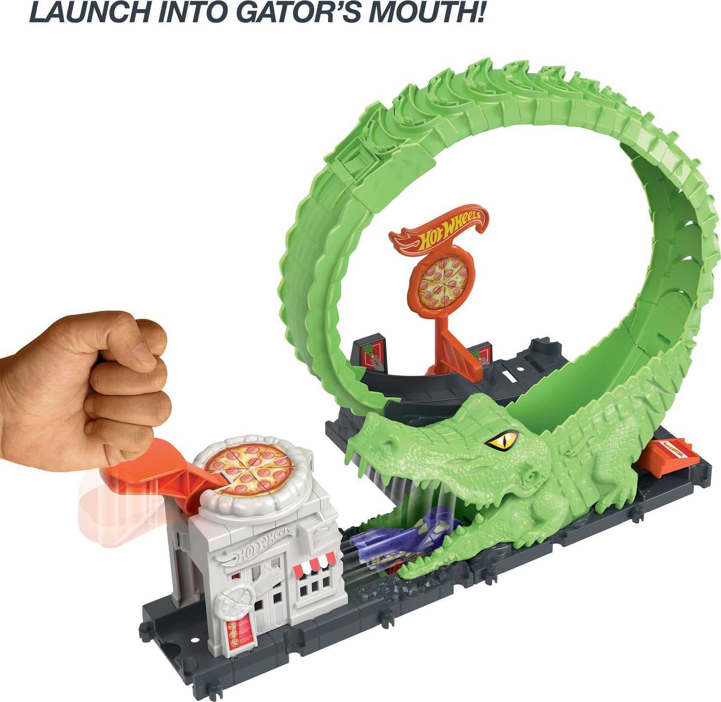 Hot Wheels Track Set with 1 Hot Wheels Car, Adjustable Track that Connects to Other Sets, Gator Loop Pizza Place Playset, HKX39