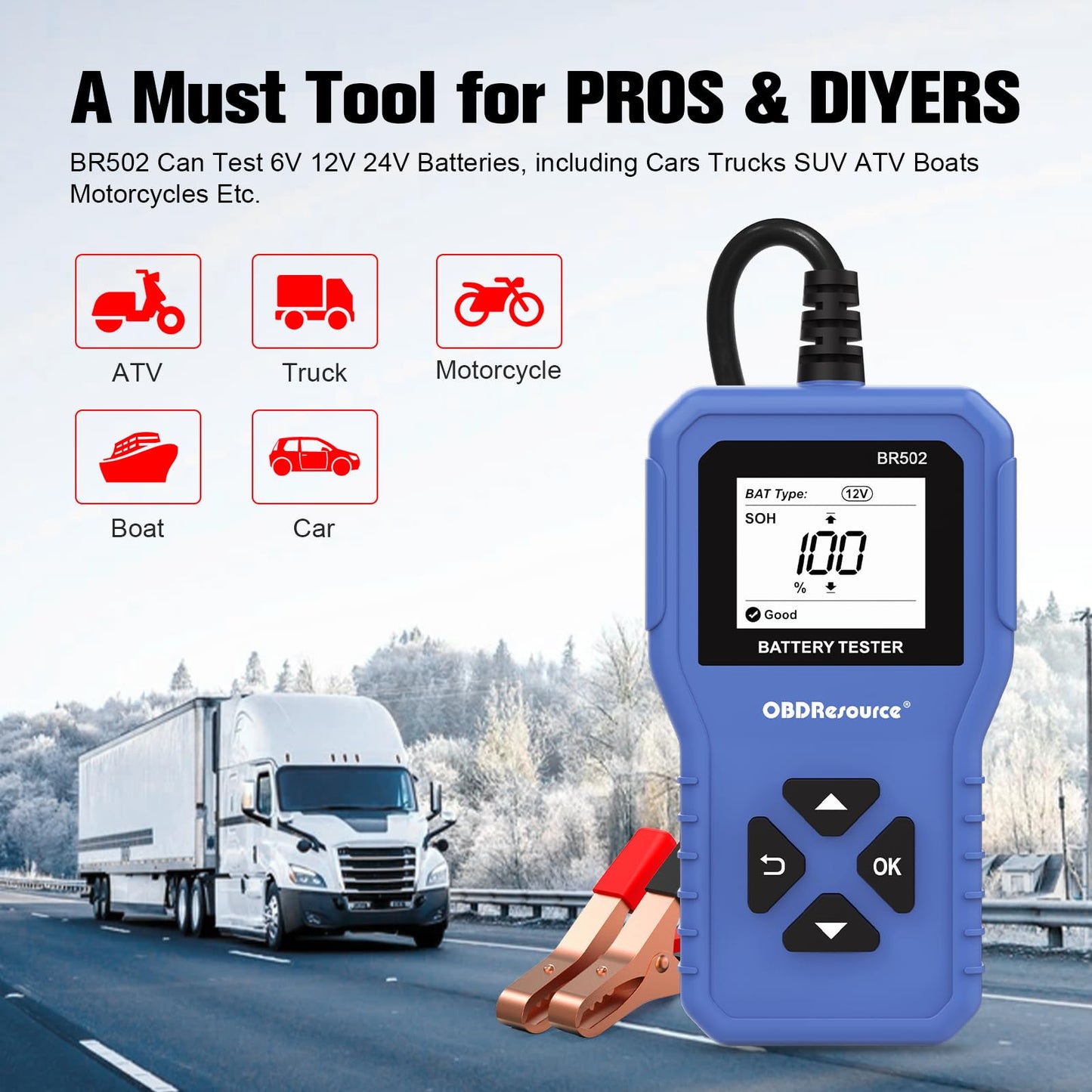 Car Battery Tester 6V 12V 24V Battery Voltage Tester, BR502 100-2000 CCA 2Ah-220Ah Internal Resistance Tester Automotive Accurate Digital Auto Battery Analyzer for Car Truck Marine Motorcycle SUV Boat