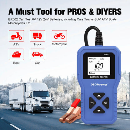 Car Battery Tester 6V 12V 24V Battery Voltage Tester, BR502 100-2000 CCA 2Ah-220Ah Internal Resistance Tester Automotive Accurate Digital Auto Battery Analyzer for Car Truck Marine Motorcycle SUV Boat