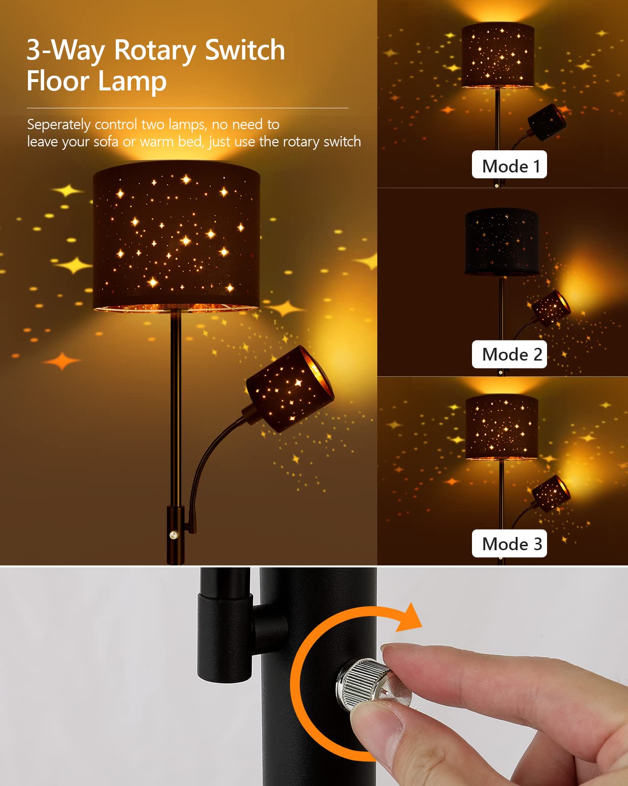 Floor Lamp Black, Reading Standing Lamps for Living Room, 62" Tall Torchiere Lamp for Kids Room, 3-Way Switch, Star-Gold Lampshade, Modern Goth Decor for Bedroom/Office, Bulbs Not Included(E26 Base)