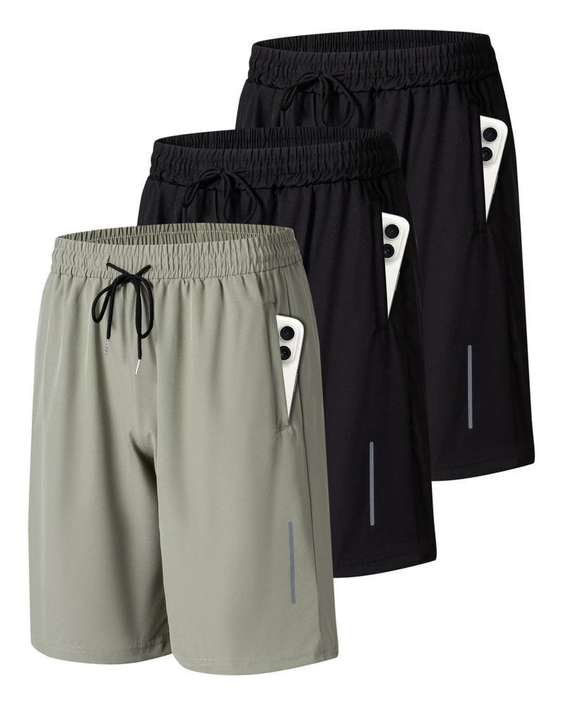 JWJ 3 Pack Mens Athletic Gym Workout Shorts Lightweight Quick Dry 9 inch Inseam Running Shorts for Men Activewear Basketball Short with Zipper Pockets Black Black Army L