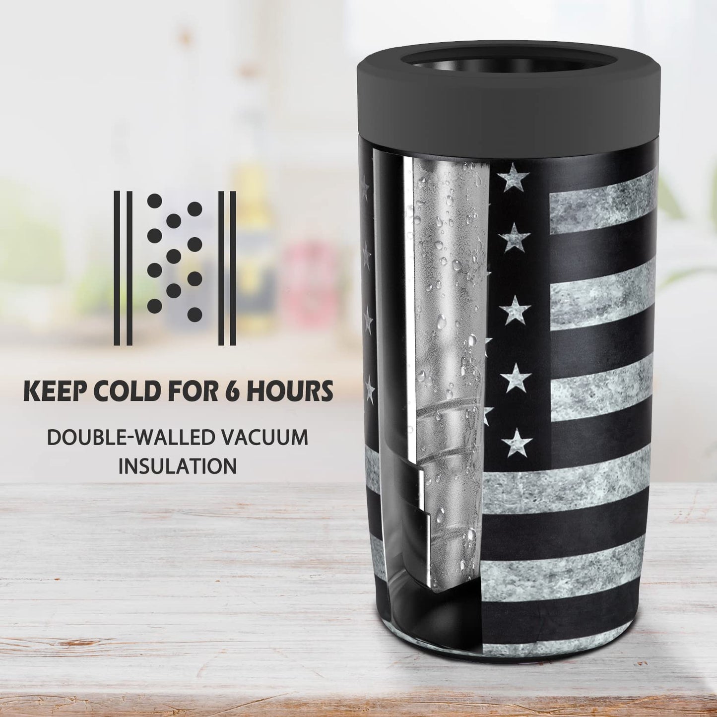 4-in-1 Slim Can Cooler Easy to Hold Insulated Beer Can Holder Double-walled Stainless Steel for All 12 Oz Cans Gift (Black America Flag 2)
