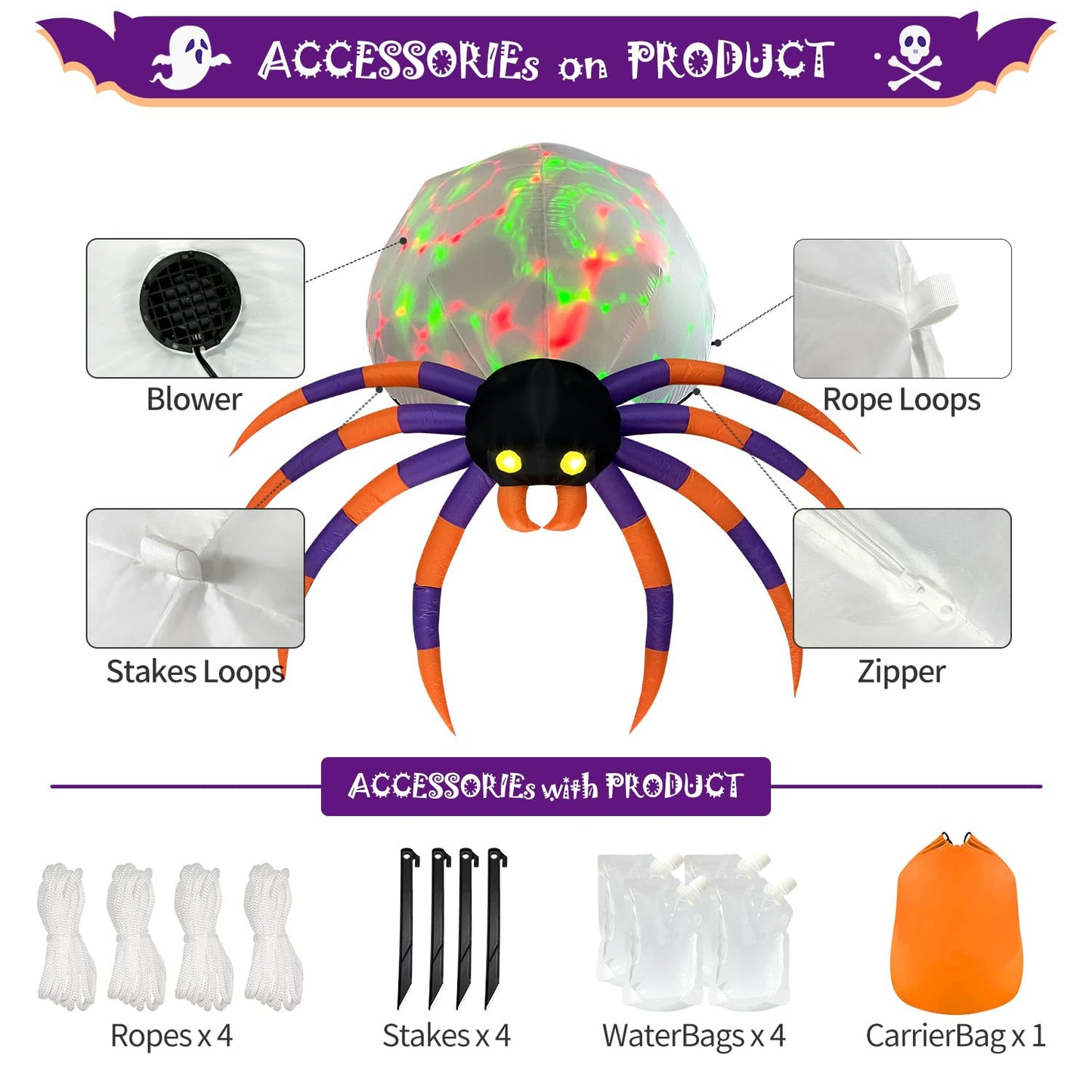 DomKom Giant 16FT Halloween Inflatable Decorations Spider, Build-in Magic LED Lights Holiday Blow Up Yard Decoration for Halloween Holiday Party Outdoor,Garden Yard Lawn Decor