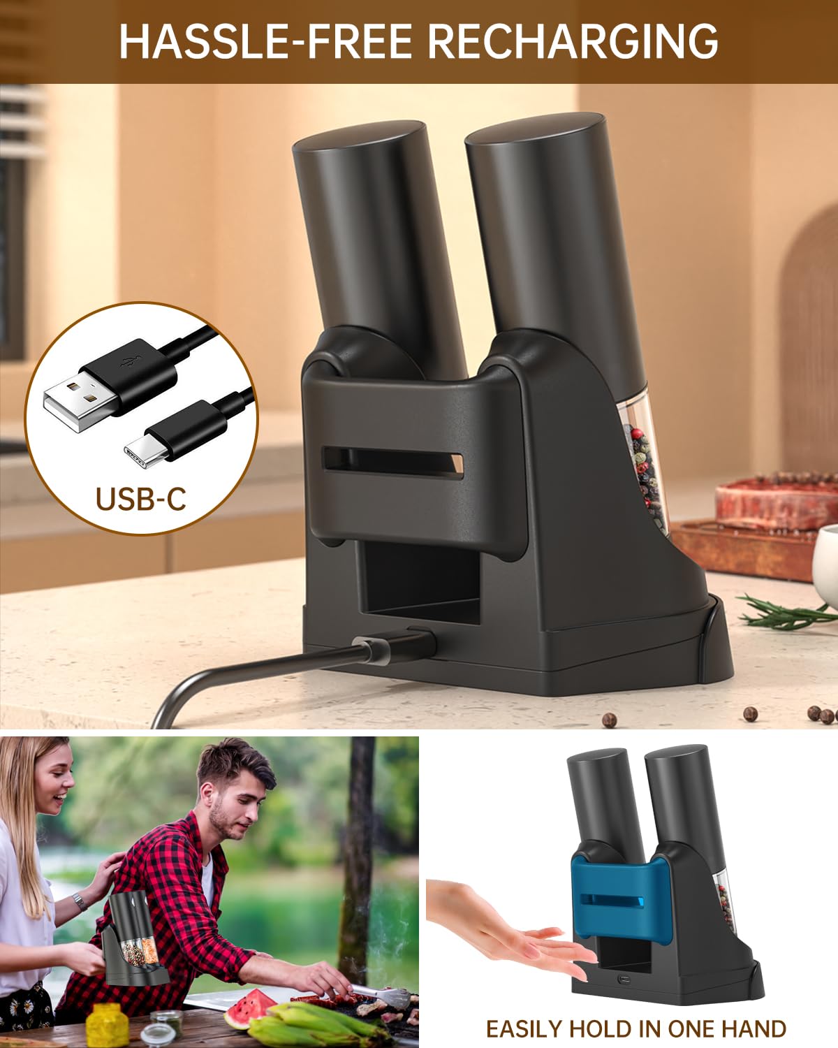 CIRCLE JOY Electric Salt and Pepper Grinder Set Rechargeable Pepper Mill Grinders with Charging Base, External Adjustable Coarseness, 95ml Container and White LED Light, Black