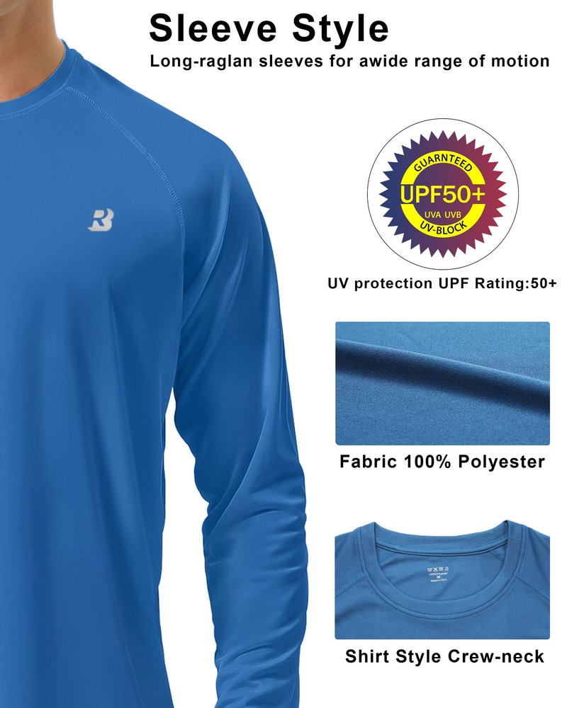 Roadbox Mens UPF 50+ UV Sun Protection Shirts Outdoor Long Sleeve SPF Diving Rash Guard for Fishing Hiking Swimming Vivid Blue