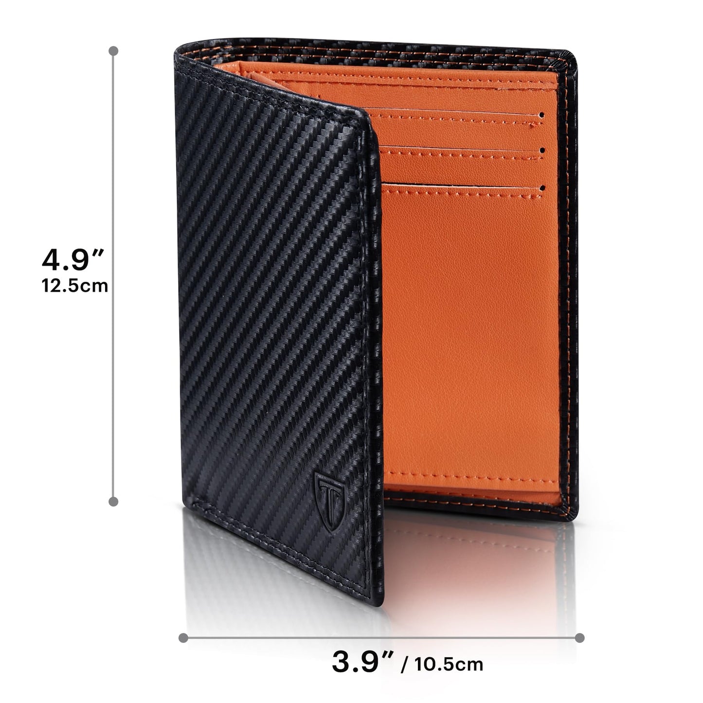 TEEHON® Wallets RFID Blocking Carbon Fibre Leather Mens Wallets with Zip Coin Pocket, 11 Card Holders, 2 ID Windows, 2 Banknote Compartments, Trifold Vertical, Black Orange