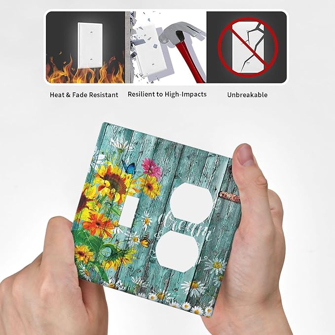 Decorative Light Switch Cover Plate Rustic Vintage Wood Planks Sunflower Butterfly 2 Gang Outlet Covers 1 Toggle 1 Duplex Wall Plate Decorate Electrical Switch Plate Covers for Bathroom Home Decor