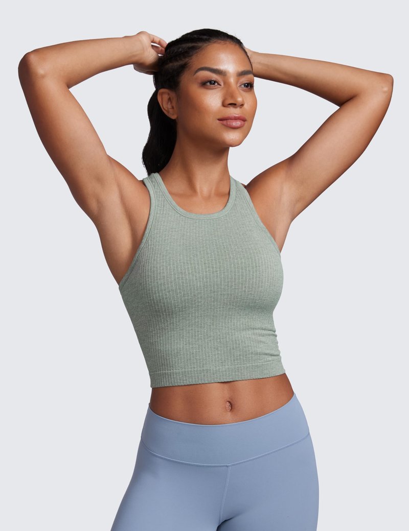 CRZ YOGA Seamless Ribbed High Neck Crop Tank Tops for Women - Longline Racerback Padded Sports Bras Dark Green Heather Medium
