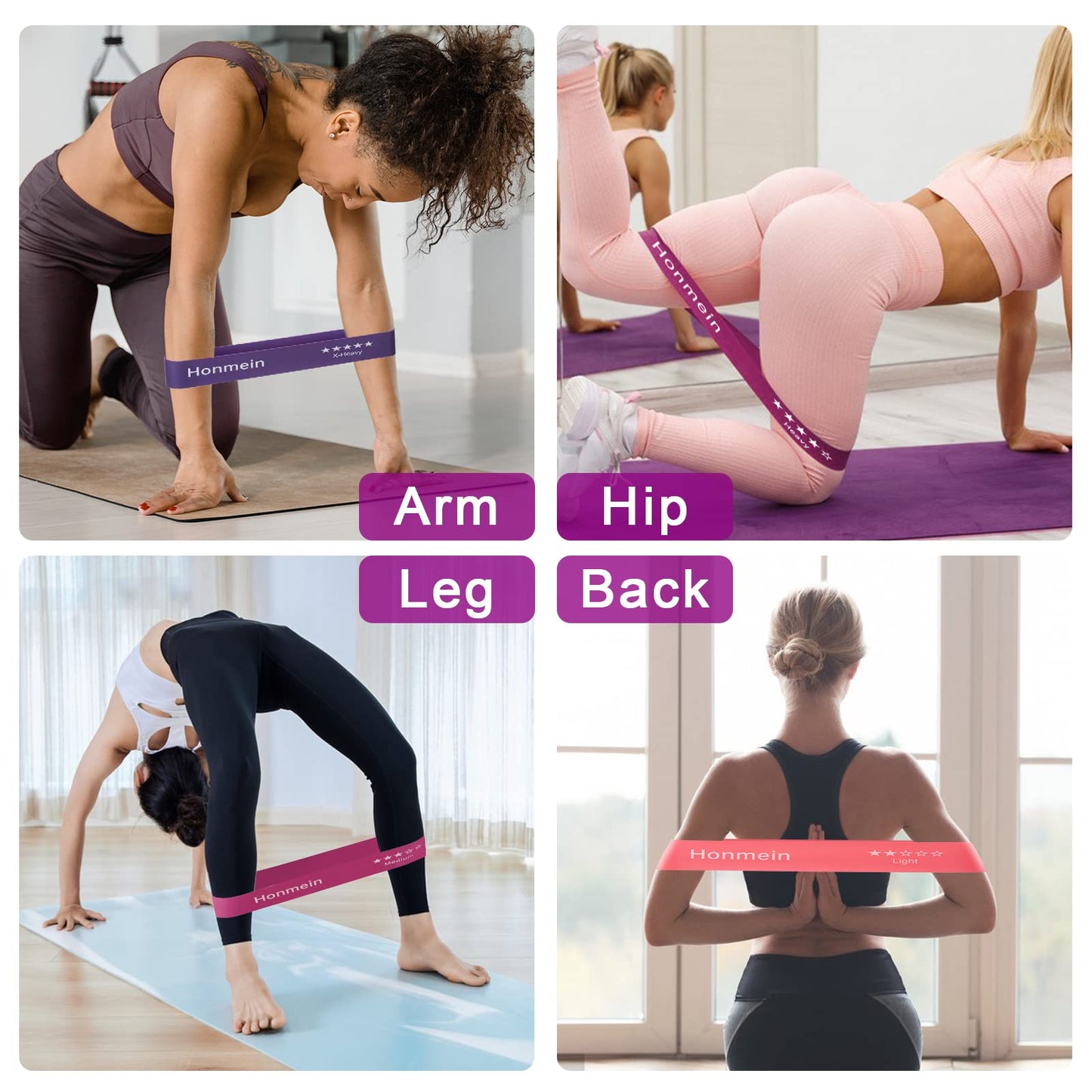 Honmein Resistance Bands for Working Out, Exercise Bands with 5 Resistance Levels Fit for Home Fitness, Strength Training, Natural Latex Resistance Band Include Instruction Guide and Carry Bag (Pink)